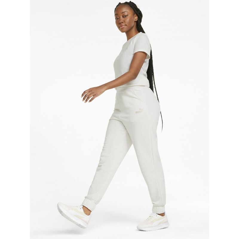 Krémové dámské tepláky Puma ESS+ Embroidery High-Waist Pants - Dámské