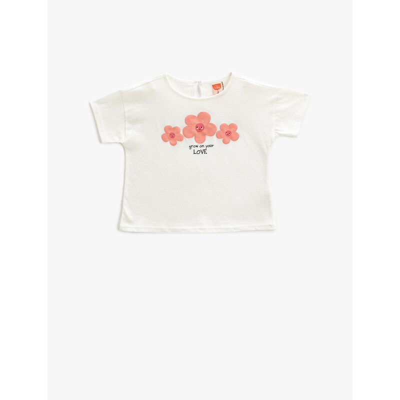 Koton Short-Sleeved T-Shirt with a Floral Print. Crew Neck.