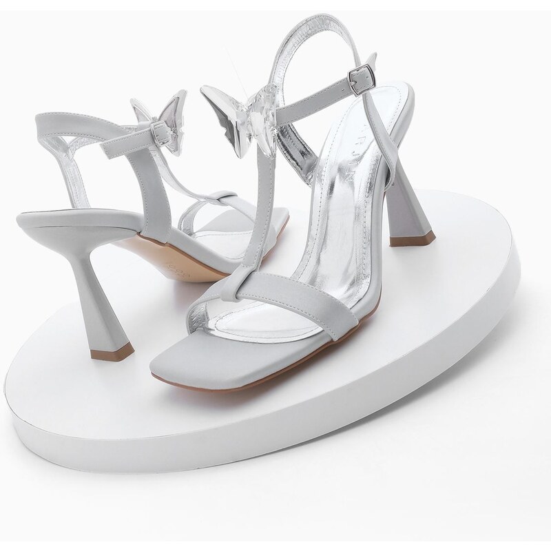 Marjin Women's Flat Toe Ankle Strap Stone Evening Dress Heeled Shoes Neros Silver