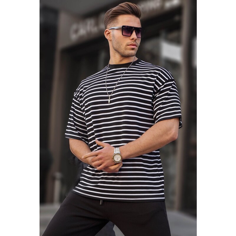 Madmext Men's Black Striped Basic T-Shirt 6071