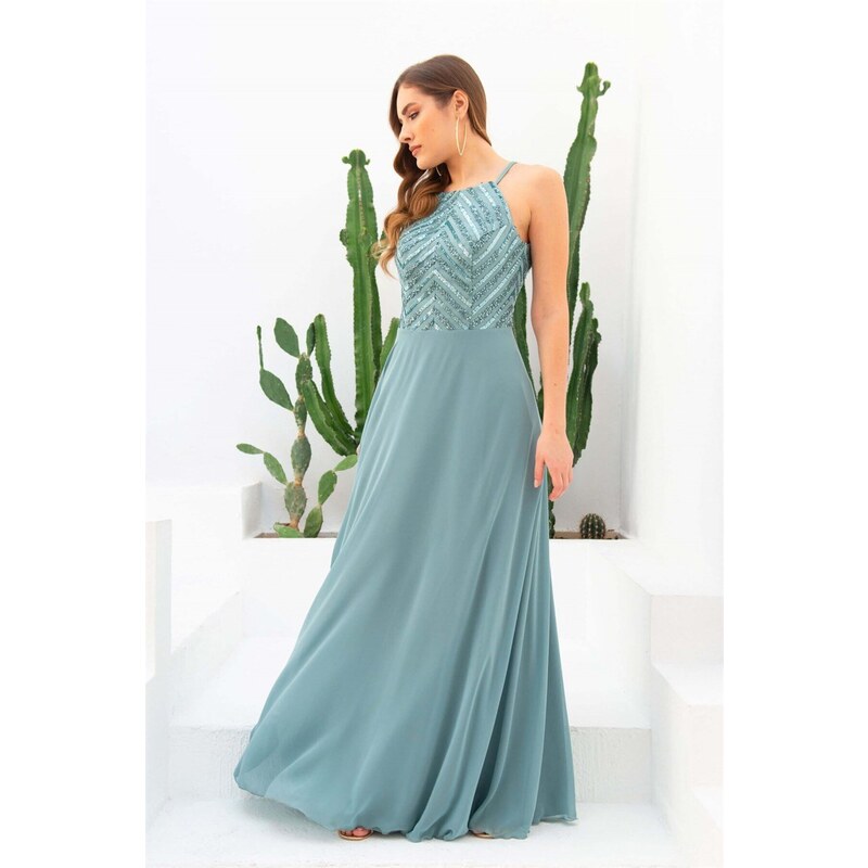 Carmen Sequined Long Evening Dress with Lace Straps.