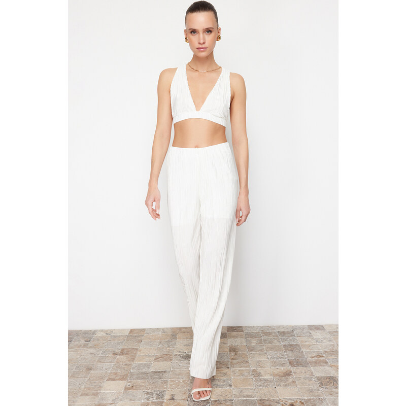Trendyol White Pleated Wide Leg / Wide Leg Lined Stretchy Knitted Trousers