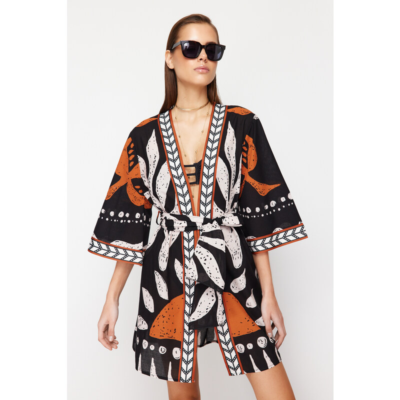 Trendyol Ethnic Pattern Belted Mini-Weave 100% Cotton Kimono & Caftan