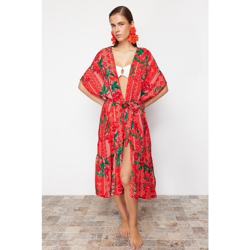 Trendyol Maxi tkaný kimono a kaftan s květinovým vzorem a páskem 115740401