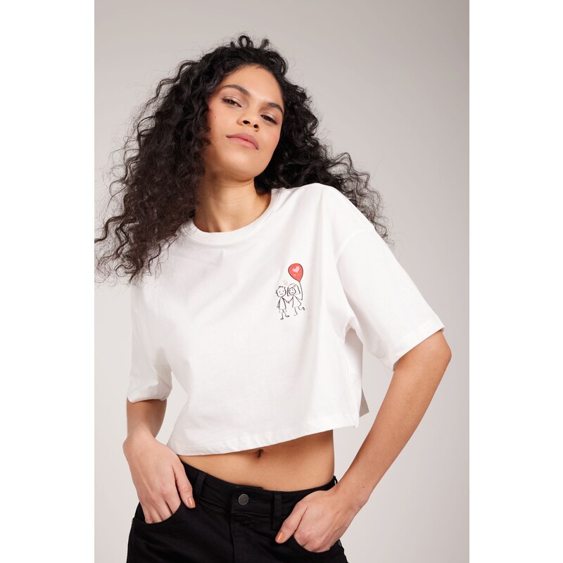 AC&Co / Altınyıldız Classics Oversize Fit Loose Fit 100% Cotton Printed Crew Neck Crop T-Shirt