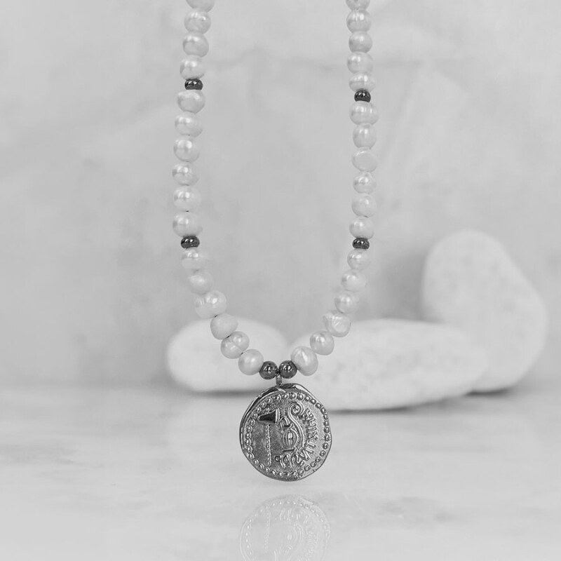 Manoki Perlový náhrdelník Eudora - starožitná mince, sladkovodní perla