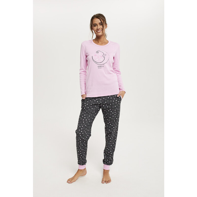 Italian Fashion Dámské pyžamo Antilia, dlouhý rukáv, dlouhé nohavice - růžová/potisk