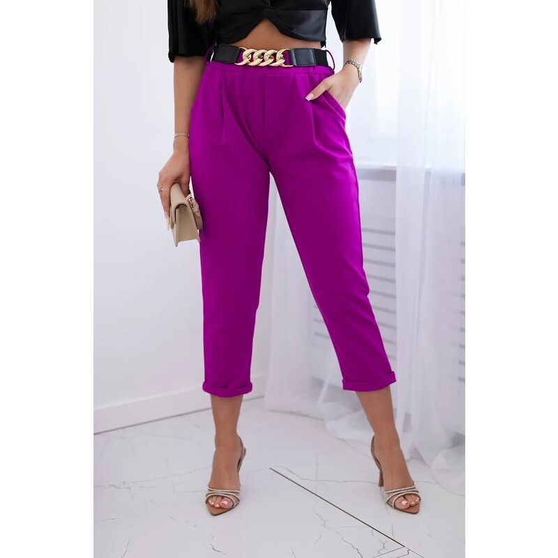 Kesi Viskózové kalhoty s ozdobným páskem tmavě fialové barvy