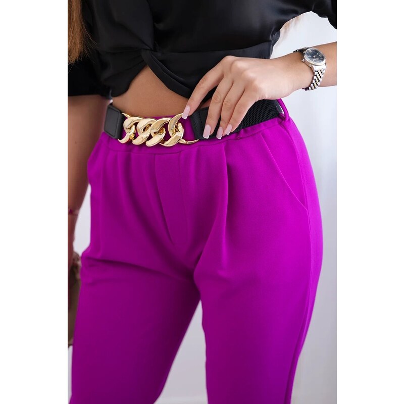 Kesi Viskózové kalhoty s ozdobným páskem tmavě fialové barvy