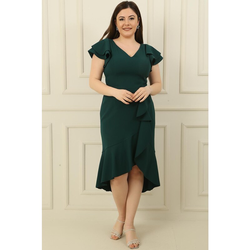 By Saygı Midi Length Lined Plus Size Dress with Double Flounce Sleeves