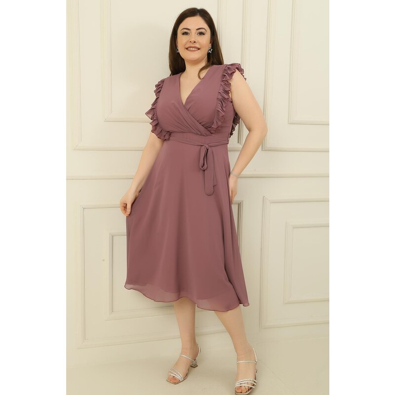 By Saygı Double Breasted Neck Pleated Waist Belted Lined Chiffon Plus Size Dress