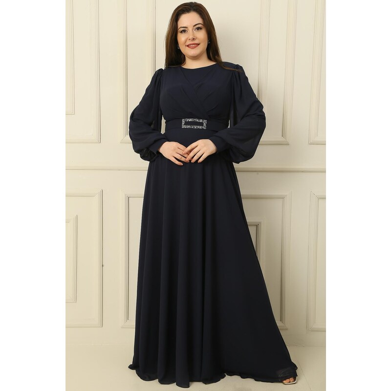 By Saygı Double Breasted Collar Waist Belt Lined Plus Size Long Hijab Dress