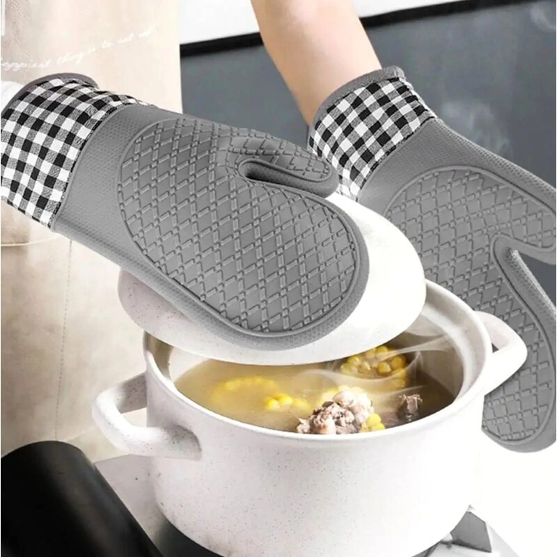 Camerazar Silikonové kuchyňské rukavice s bavlněnými manžetami, šedá, 29 x 18,5 x 16 cm