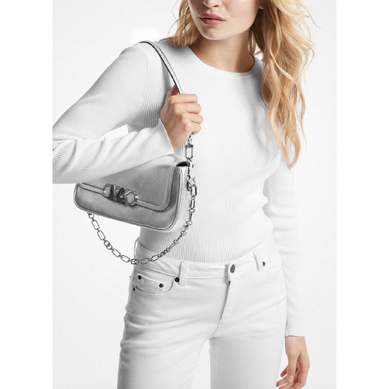 Kožená kabelka Michael Kors Parker medium metallic stříbrná