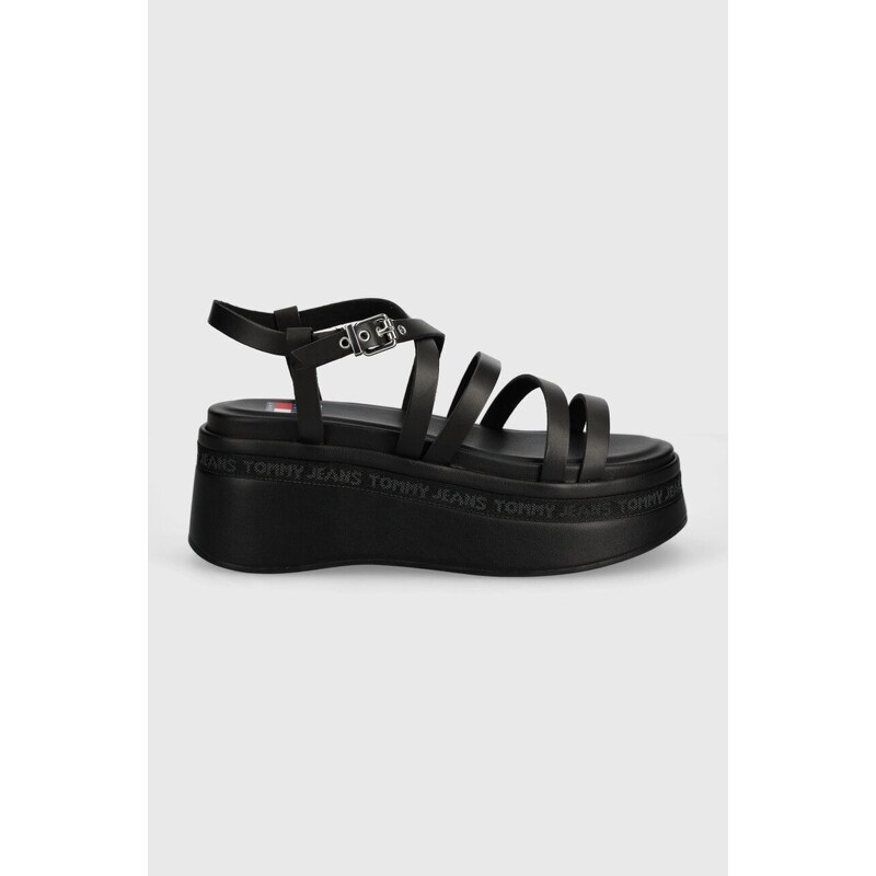Kožené sandály Tommy Jeans TJW STRAPPY WEDGE SANDAL černá barva, EN0EN02516