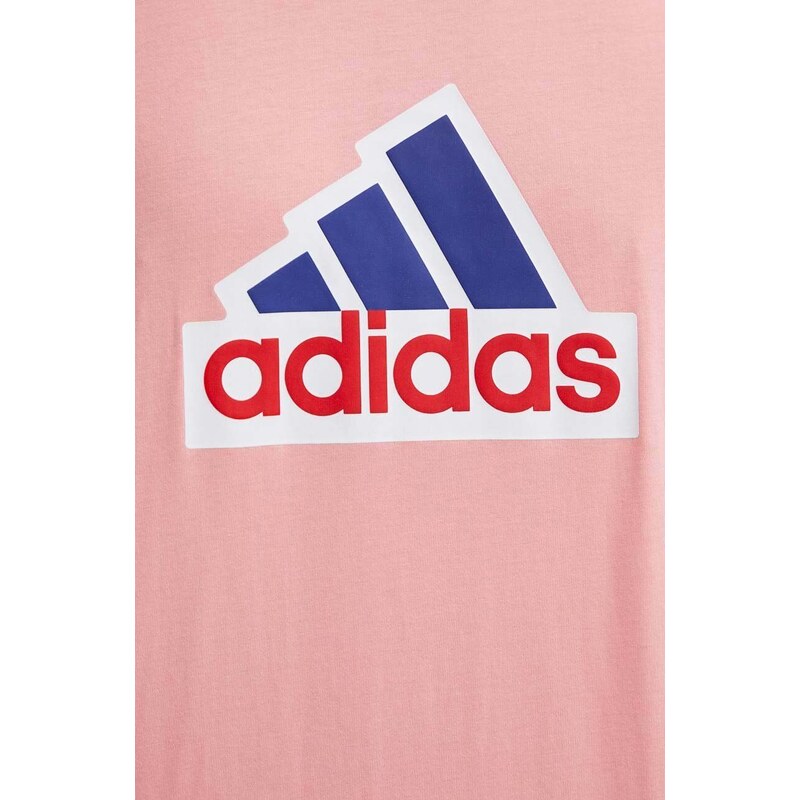 Bavlněné tričko adidas růžová barva, s potiskem, IS8342