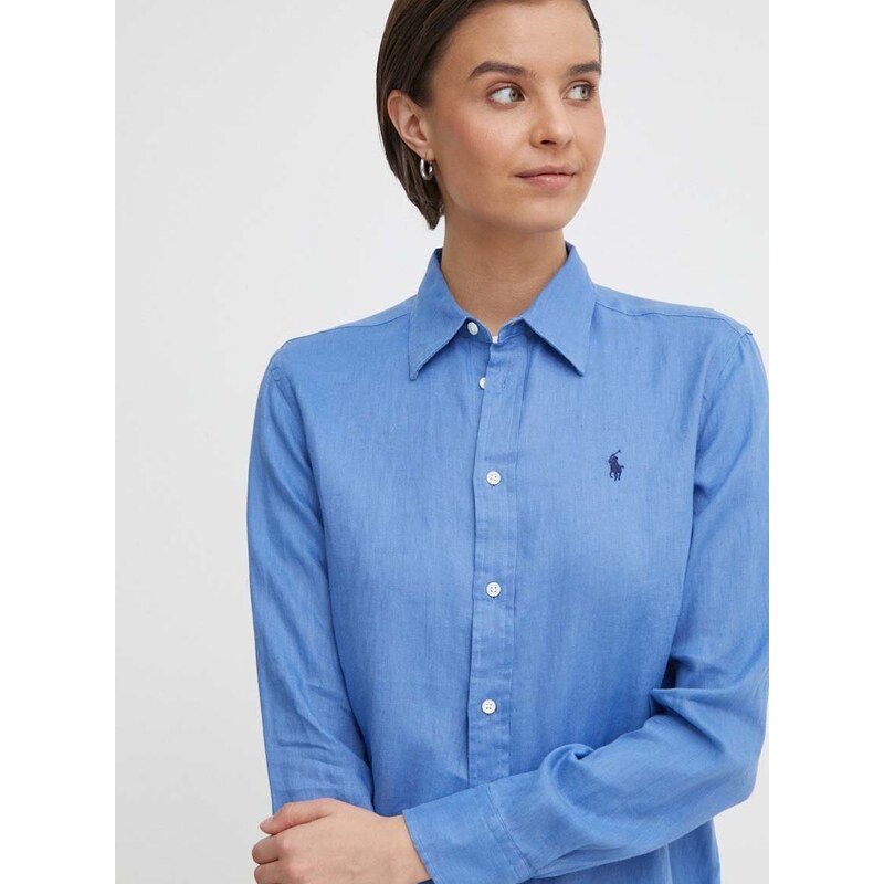 Lněná košile Polo Ralph Lauren tyrkysová barva, regular, s klasickým límcem
