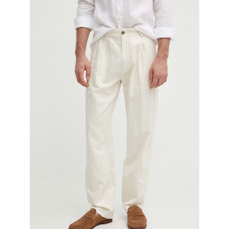 Kalhoty Pepe Jeans RELAXED PLEATED LINEN PANTS pánské, béžová barva, ve střihu chinos, PM211700