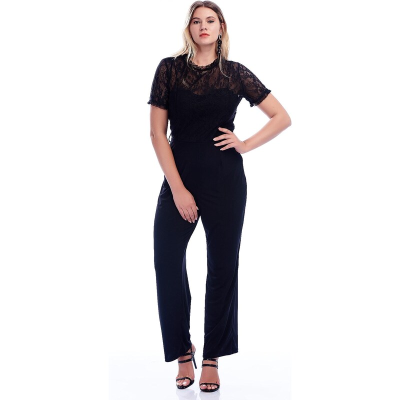 Şans Women's Plus Size Black Jumpsuit with Lace Top