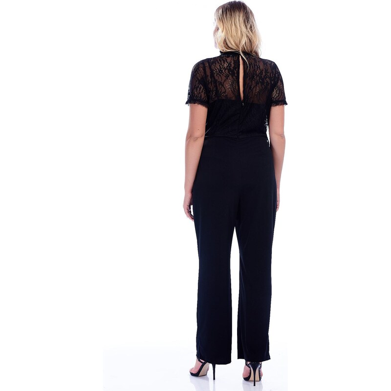 Şans Women's Plus Size Black Jumpsuit with Lace Top