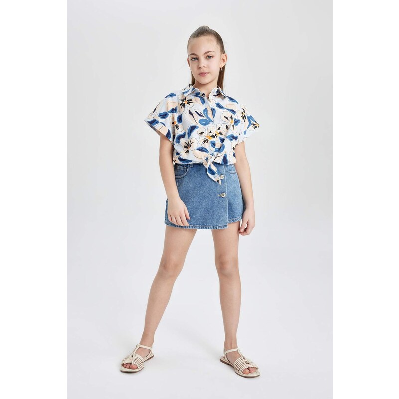 DEFACTO Girl Patterned Cotton Short Sleeve Crop Shirt