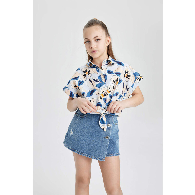 DEFACTO Girl Patterned Cotton Short Sleeve Crop Shirt