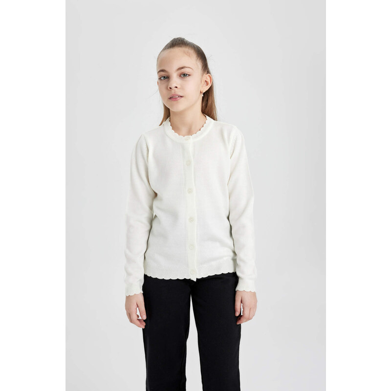 DEFACTO Girl Crew Neck White Cardigan