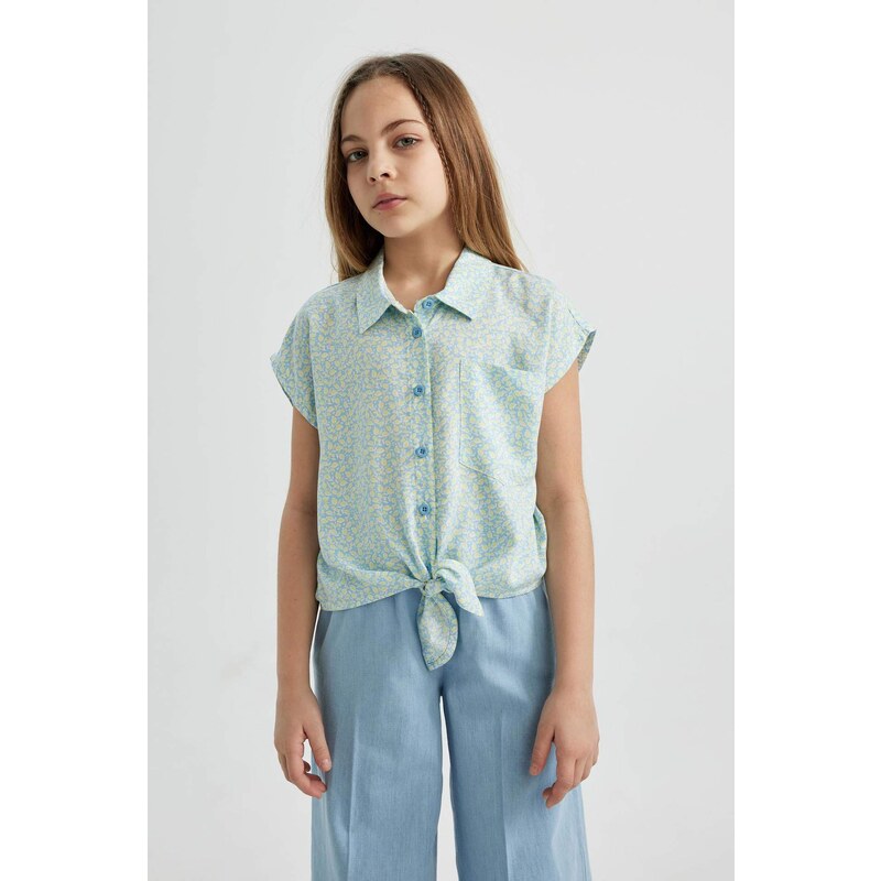 DEFACTO Girl Crop Patterned Short Sleeve Shirt