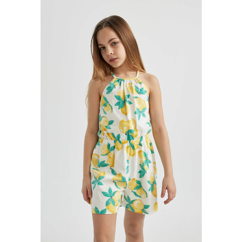 DEFACTO Girl Strappy Lemon Patterned Cotton Short Jumpsuit