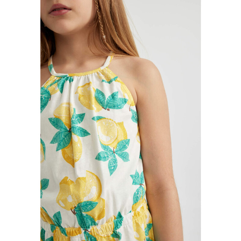 DEFACTO Girl Strappy Lemon Patterned Cotton Short Jumpsuit