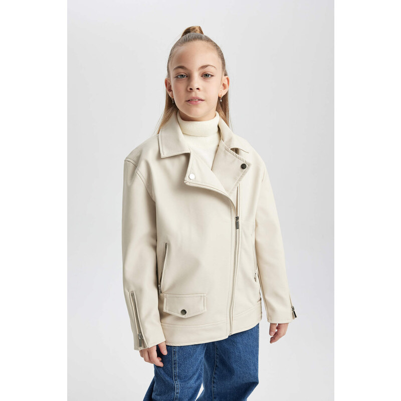 DEFACTO Girl Waterproof Jacket Collar Faux Leather Jacket