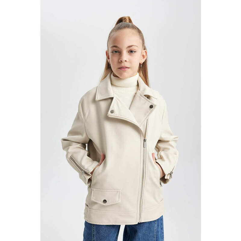 DEFACTO Girl Waterproof Jacket Collar Faux Leather Jacket