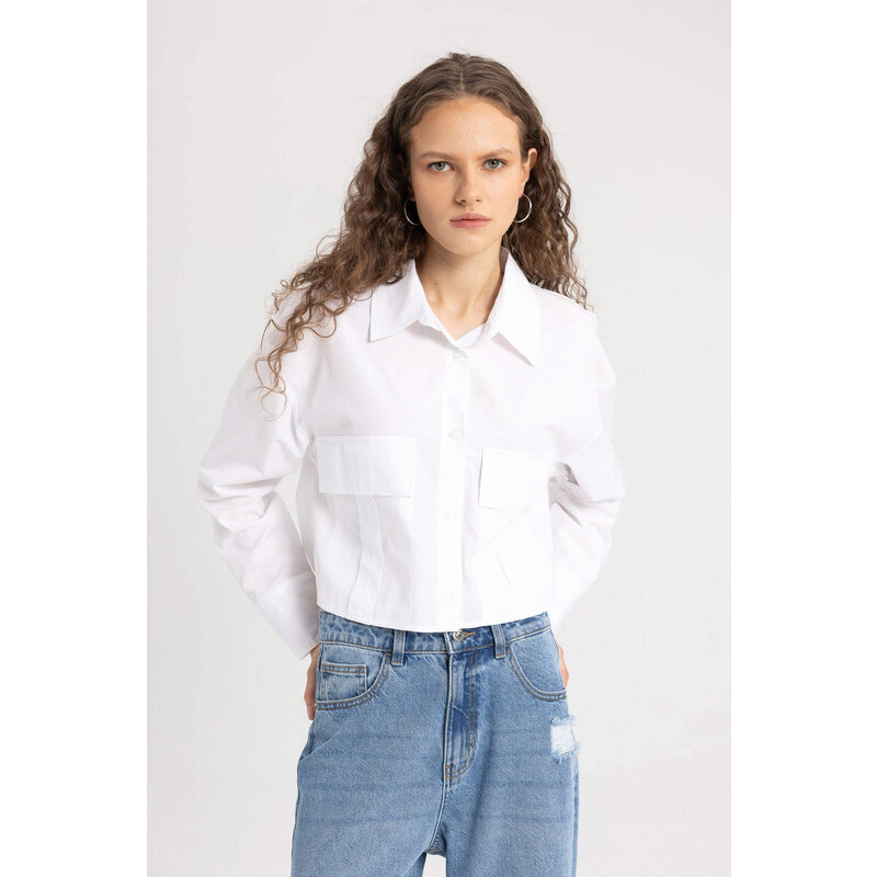 DEFACTO Crop Shirt Collar Poplin Long Sleeve Shirt