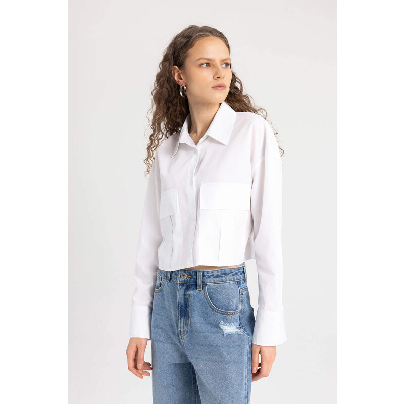 DEFACTO Crop Shirt Collar Poplin Long Sleeve Shirt