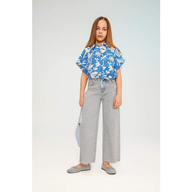 DEFACTO Girl Short Sleeve Patterned Crop Shirt