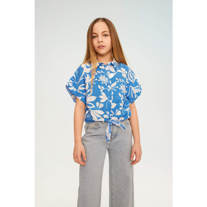 DEFACTO Girl Short Sleeve Patterned Crop Shirt