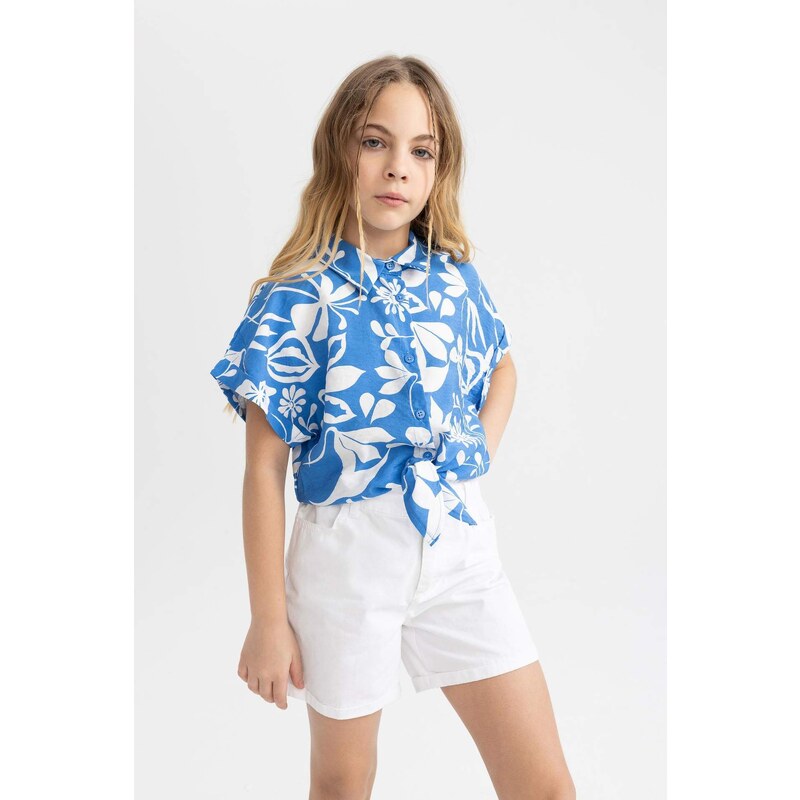 DEFACTO Girl Short Sleeve Patterned Crop Shirt