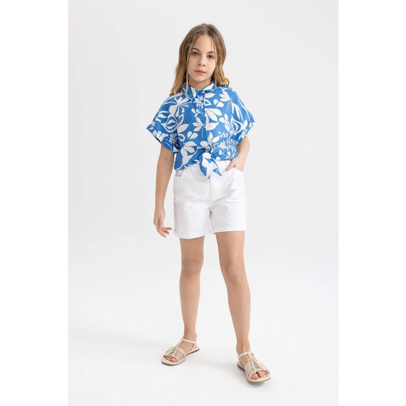 DEFACTO Girl Short Sleeve Patterned Crop Shirt