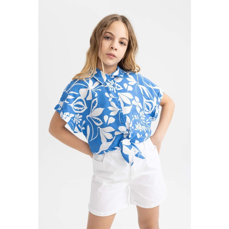 DEFACTO Girl Short Sleeve Patterned Crop Shirt