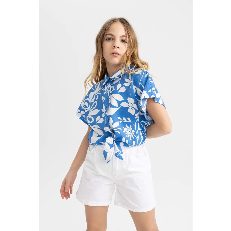 DEFACTO Girl Short Sleeve Patterned Crop Shirt