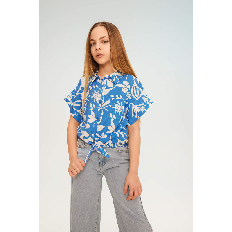 DEFACTO Girl Short Sleeve Patterned Crop Shirt