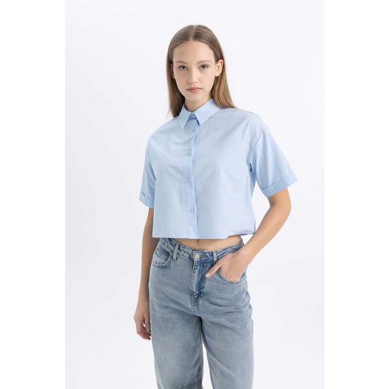 DEFACTO Oversize Fit Shirt Collar Poplin Short Sleeve Shirt