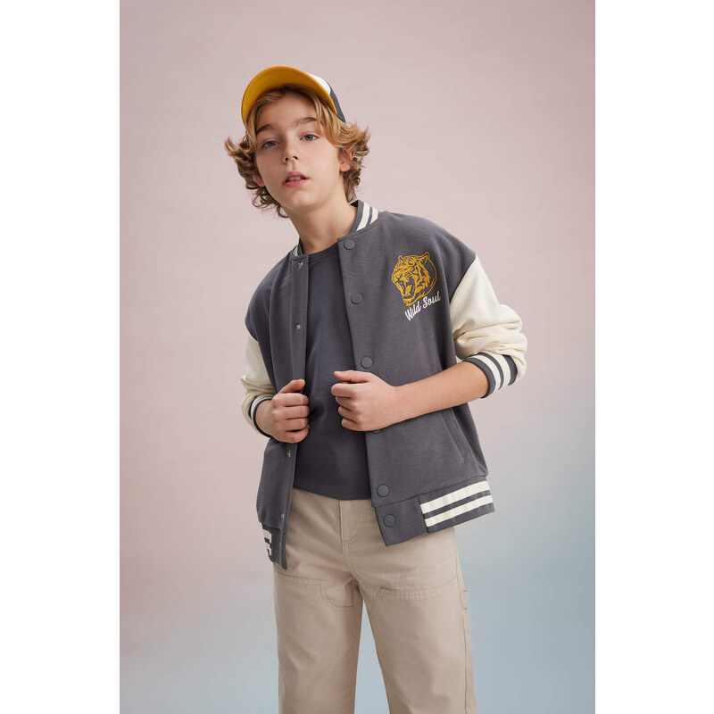 DEFACTO Boy Printed Bomber Collar College Cardigan