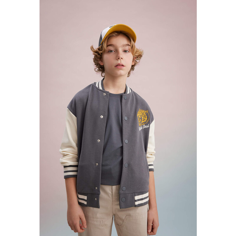 DEFACTO Boy Printed Bomber Collar College Cardigan