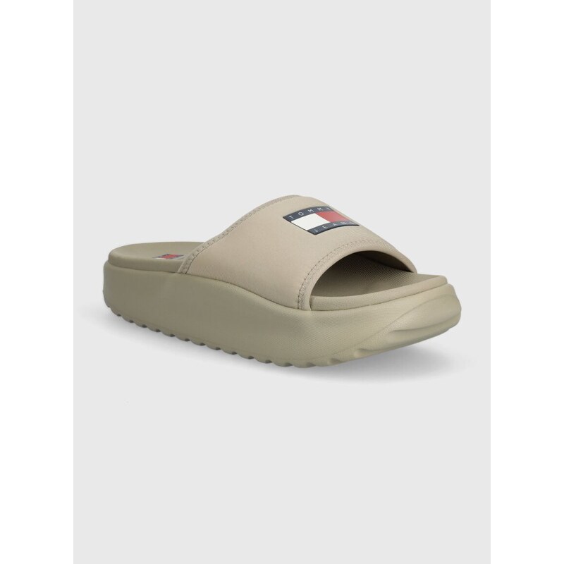 Pantofle Tommy Jeans TJW CHUNKY POOL SLIDE dámské, béžová barva, na platformě, EN0EN02448