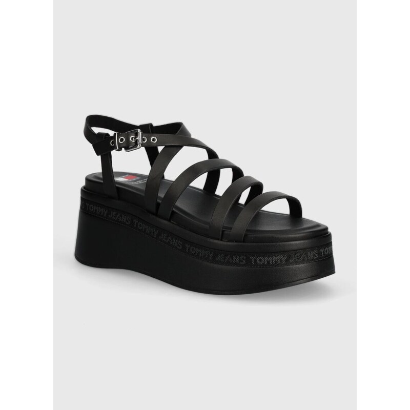 Kožené sandály Tommy Jeans TJW STRAPPY WEDGE SANDAL černá barva, EN0EN02516