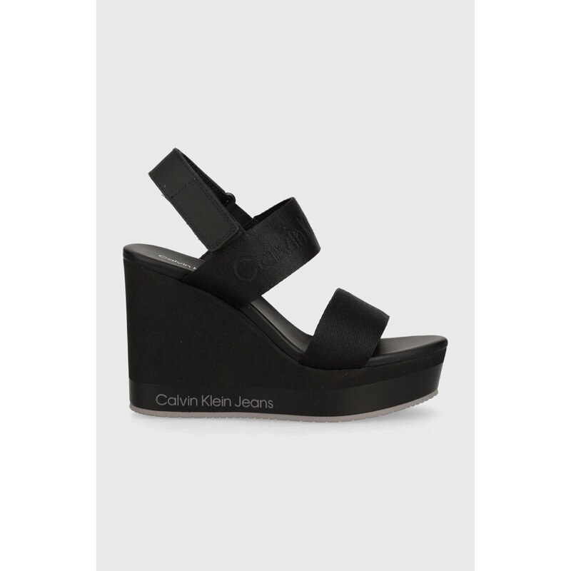 Sandály Calvin Klein Jeans WEDGE SANDAL WEBBING IN MR černá barva, YW0YW01360