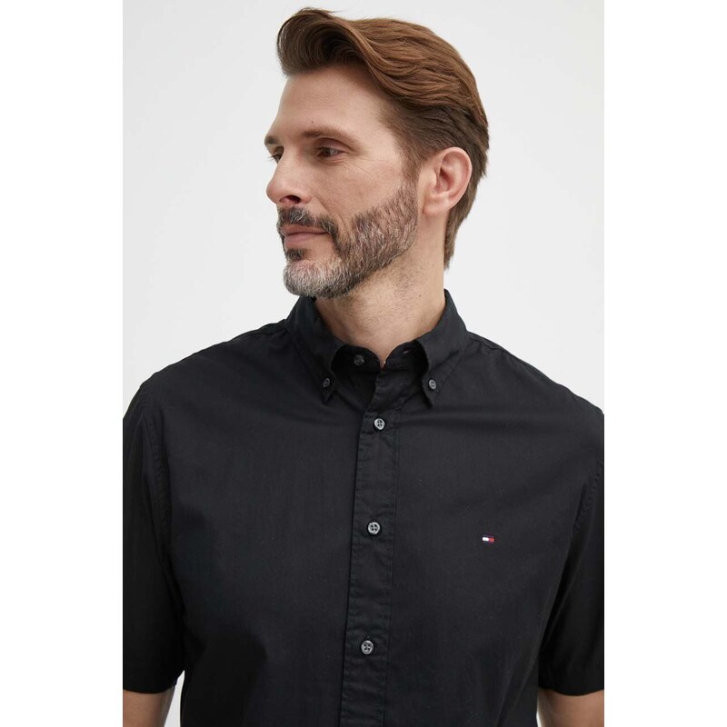 Bavlněná košile Tommy Hilfiger černá barva, regular, s límečkem button-down