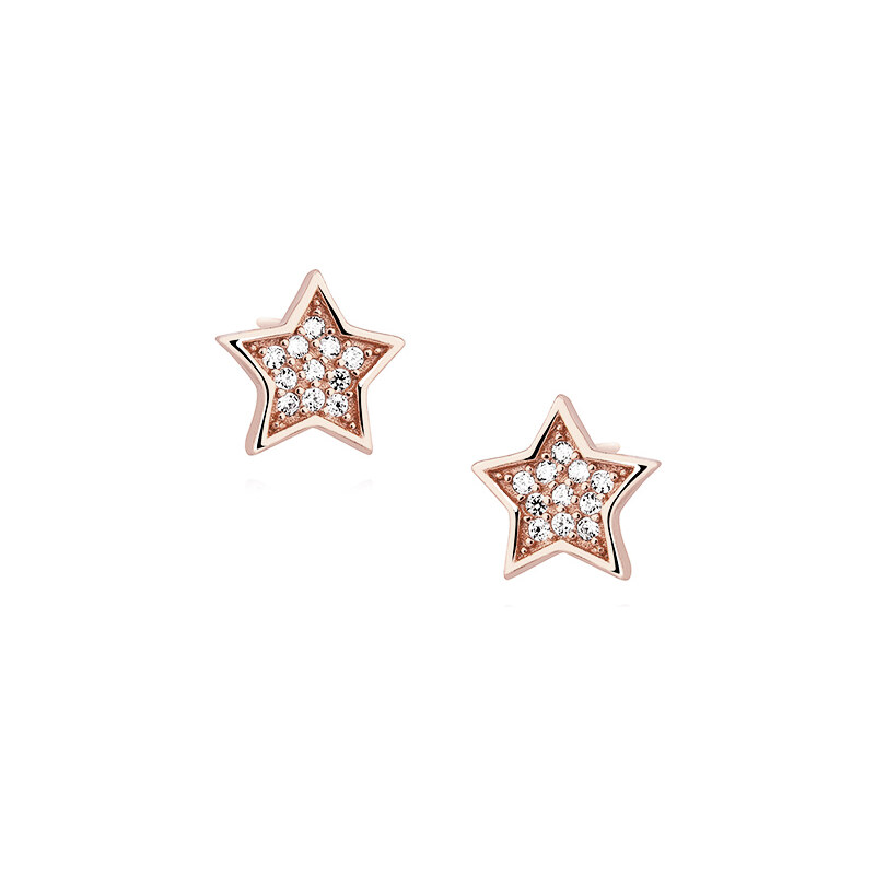 Stříbrné 925 Náušnice s Hvězdami se Zirkony - Pozlacené Růžovým Zlatem