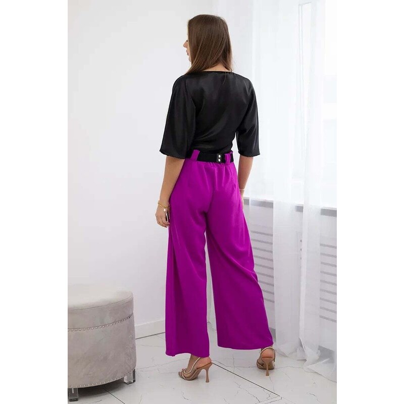 Kesi Viskózové kalhoty se širokými nohavicemi tmavě fialové barvy